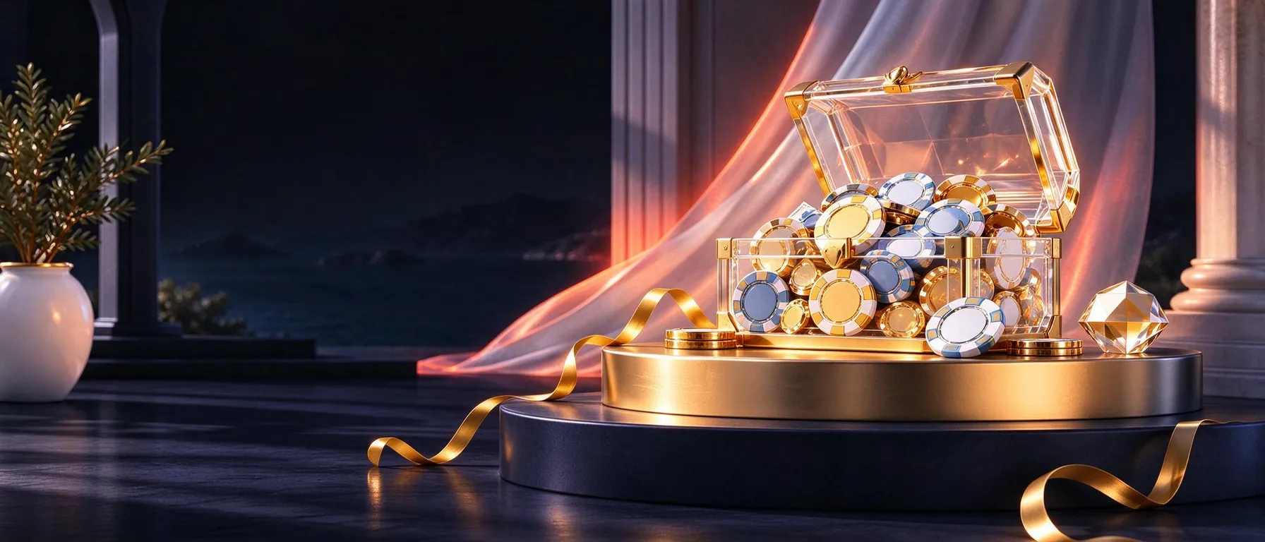 Full-bleed backdrop photograph of a casino environment (tables, live studio or lounge) styled for the brand, behind the review verdict; quiet composition with low-detail areas so text stays readable; never slot machines, reels, an app screen or phone interface. For sportsbook or sports pages choose the matching sport preset (an empty arena, court or rink).